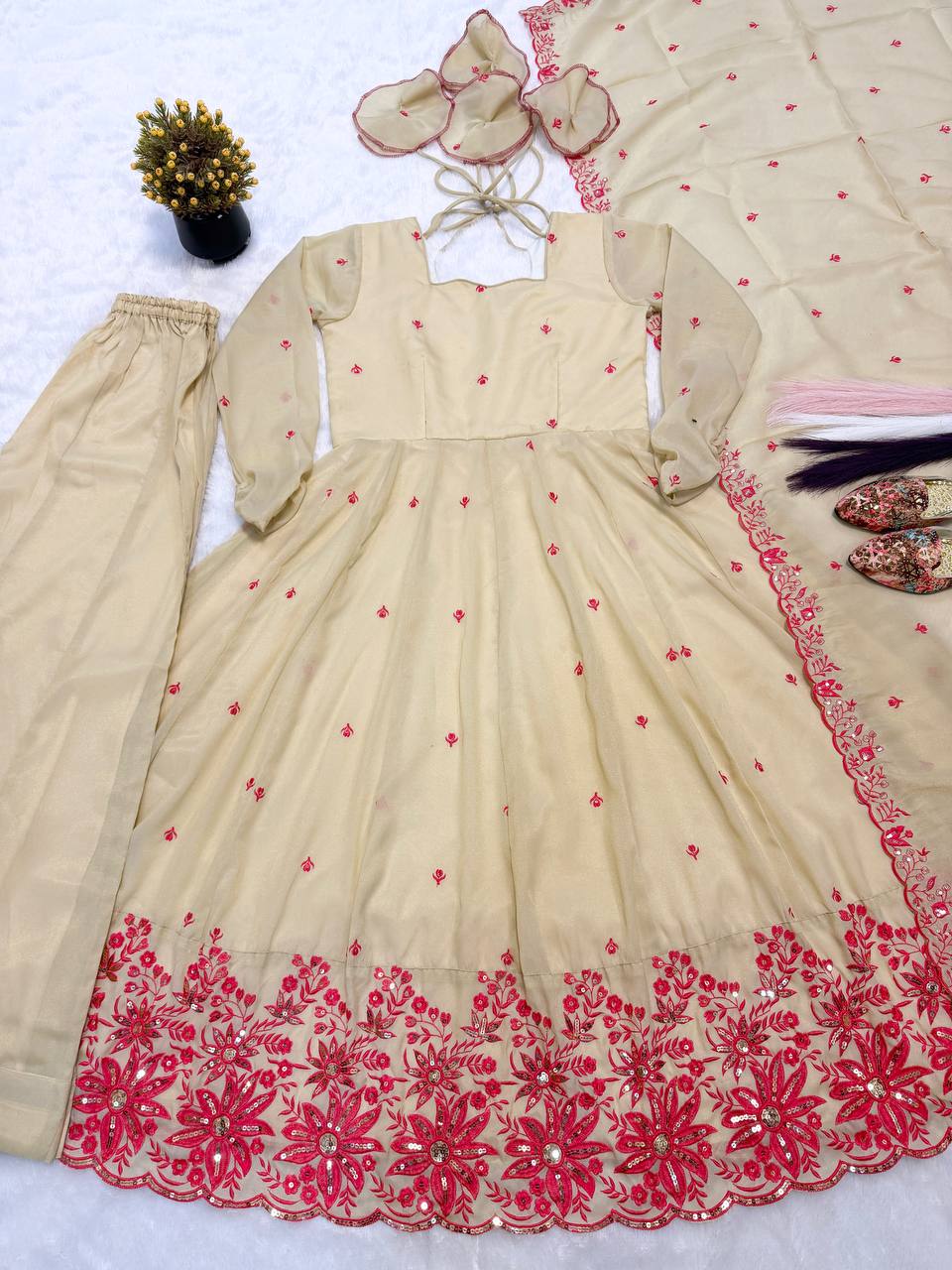 Exquisite Beige Flared Anarkali Suit Set Adorned with Vibrant Red Floral Embroidery, Sequined Scalloped Hem, and an Elegant Tie-Up Back
